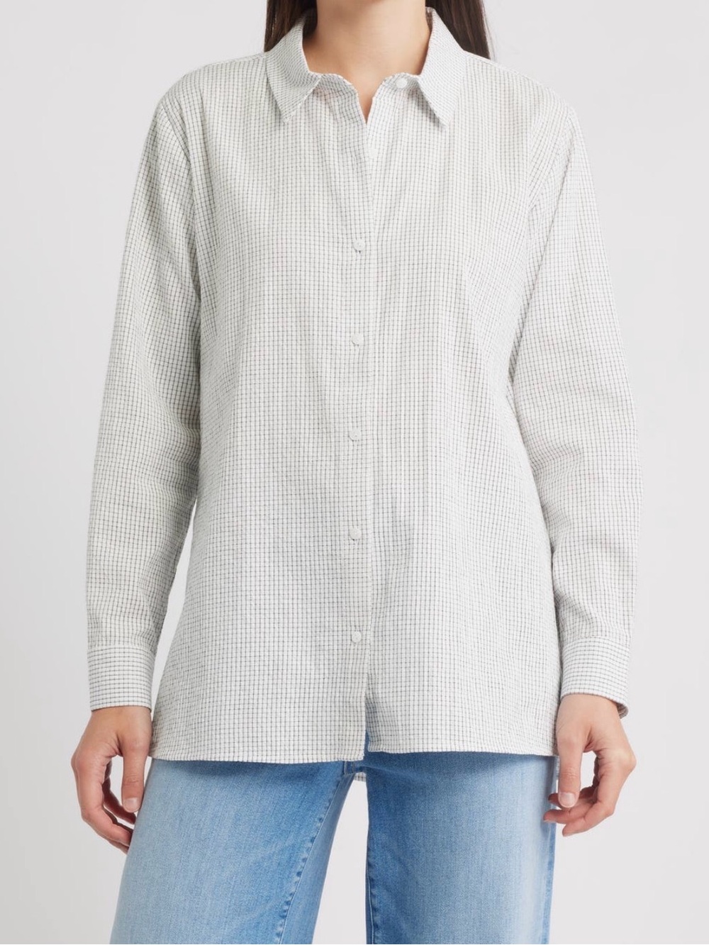 Eileen Fisher White Organic Cotton Button-Down Shirt w/ Subtle gray/black checks